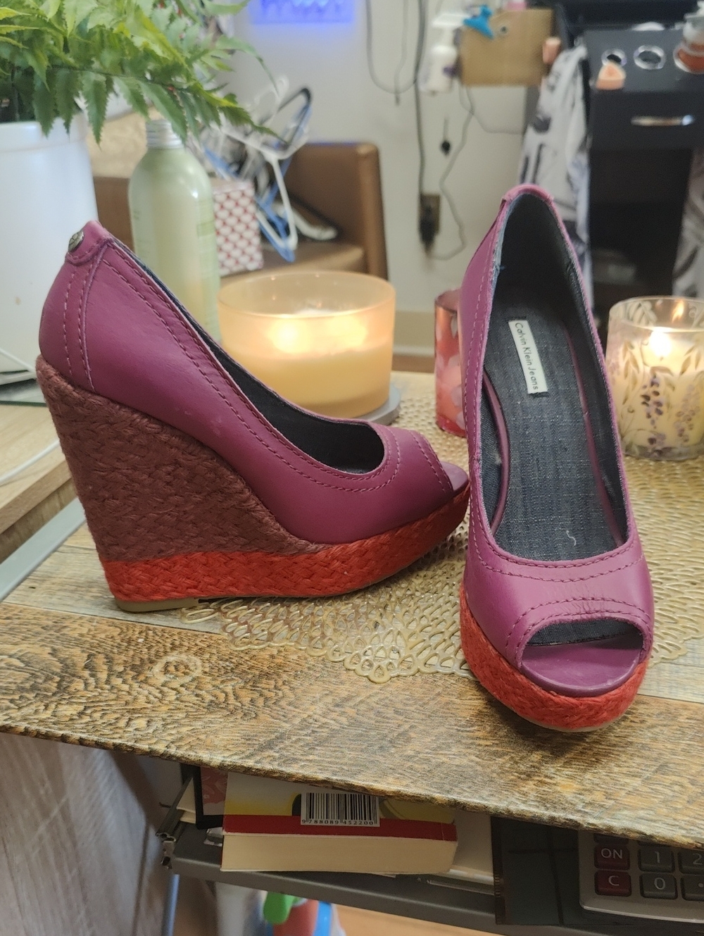 Calvin Klein Jeans Magenta Open-Toe Wedge Heels with Red-Brown Wrapped Platform